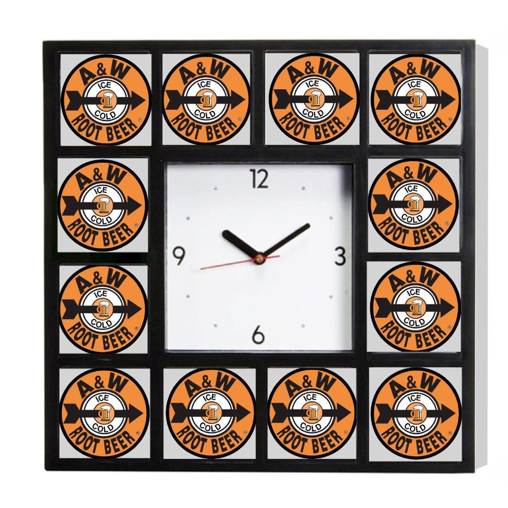 retro A&W Root Beer Ad promo around the Clock with 12 surrounding images